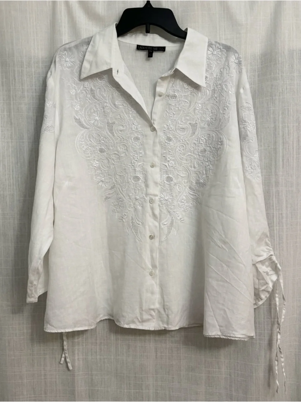 Lafayette 148 New York White Embroidered Button-Front Linen Shirt - Picture 2 of 9